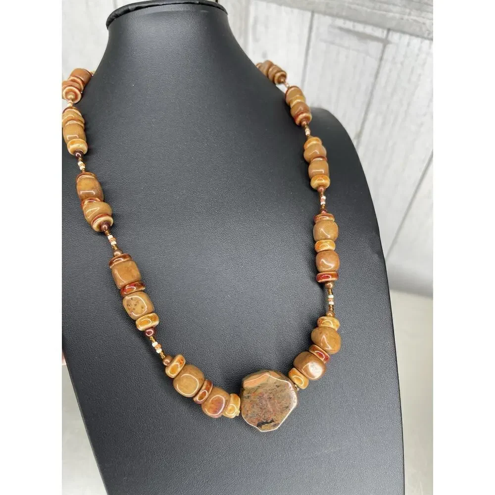 Vintage Pendant Necklace Polished Agate Stone Beach Boho Hippie Brown Orange